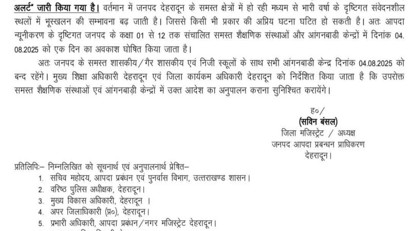 मौसम विभाग की चेतावनी के मद्देनजर प्रदेश के चार जनपदों में स्कूलों की छुट्टी घोषित,  देहरादून, बागेश्वर, चंपावत और नैनीताल में कक्षा एक से 12वीं तक के स्कूल आज रहेंगे बंद