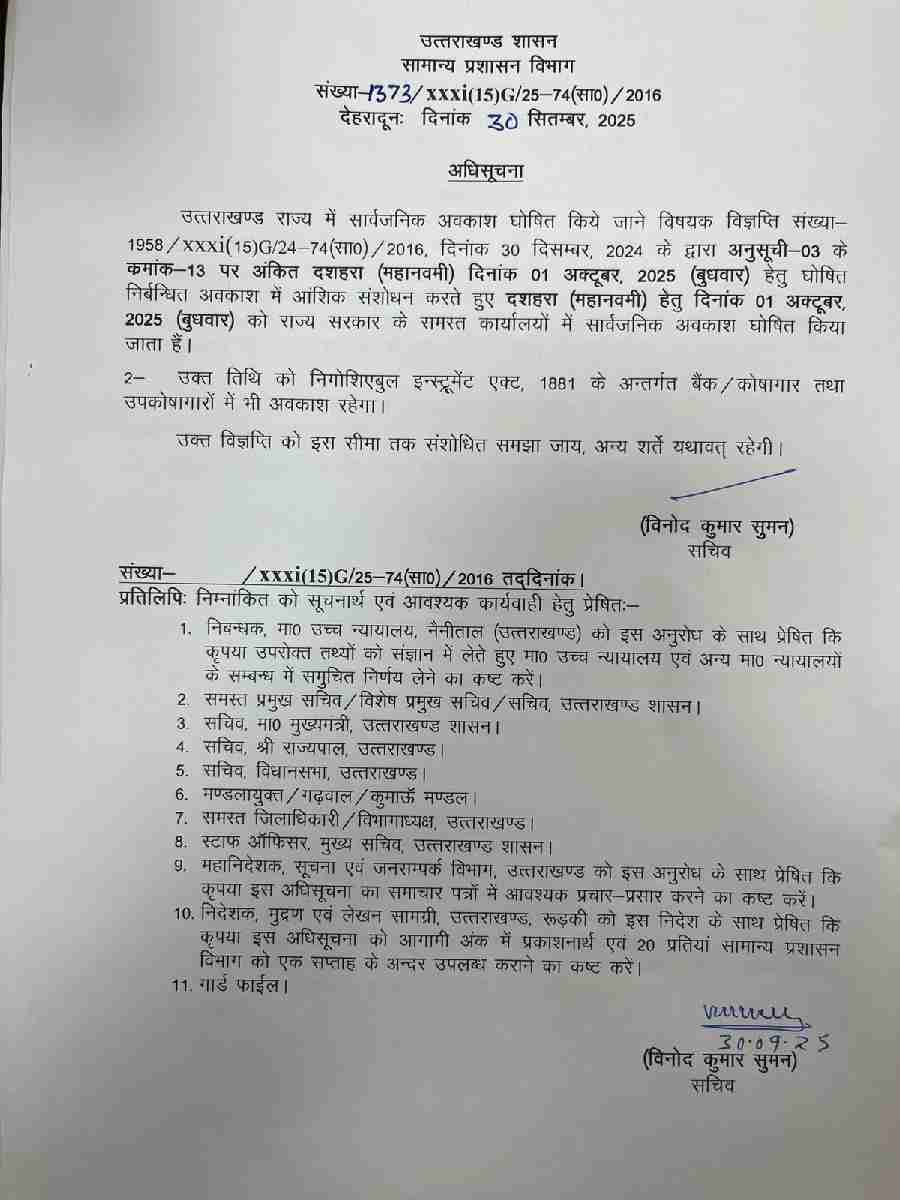 1 अक्टूबर महानवमी को प्रदेश में सार्वजनिक अवकाश की घोषणा,आदेश जारी